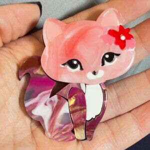 Cat Brooch Large Pink Acrylic Marbled Tail Cute Kawaii Style 3"